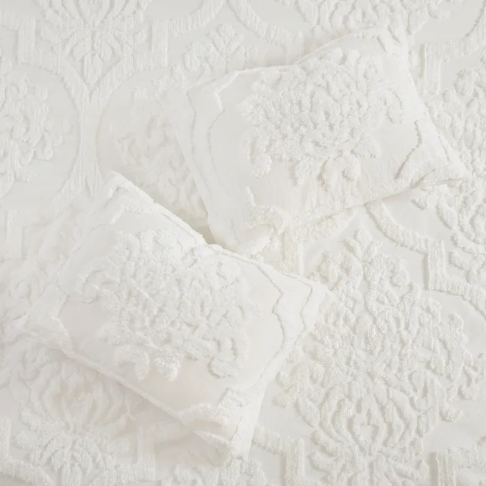 Madison Park Aeriela Tufted Cotton Chenille Damask Duvet Cover Set - Off White - Queen - Image 4
