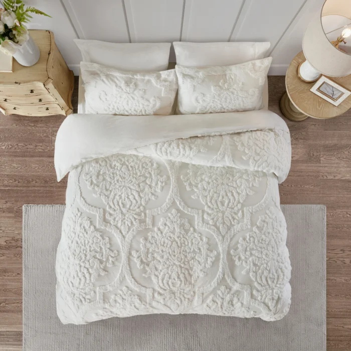 Madison Park Aeriela Tufted Cotton Chenille Damask Duvet Cover Set - Off White - Queen - Image 3