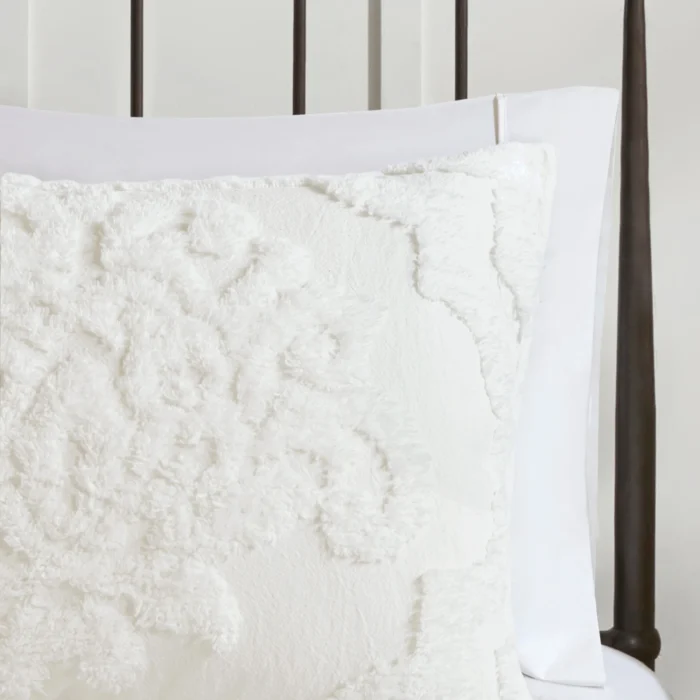 Madison Park Aeriela Tufted Cotton Chenille Damask Duvet Cover Set - Off White - Queen - Image 10