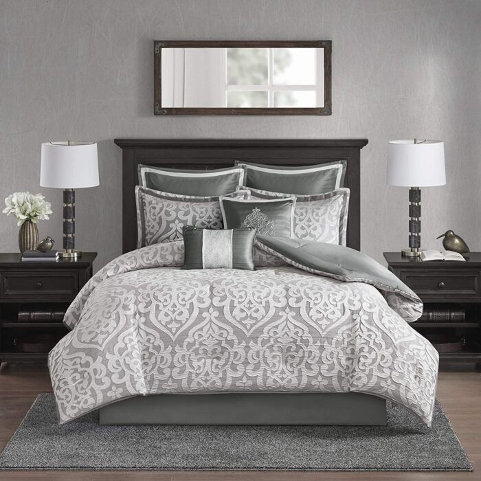 Odette 8 Piece Jacquard Queen Comforter Set (Silver) - Image 2