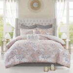 Isla 8 Piece Cotton Floral Printed Reversible Queen Comforter Set (Blush)