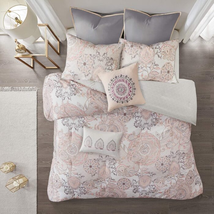 Isla 8 Piece Cotton Floral Printed Reversible Queen Comforter Set (Blush) - Image 4